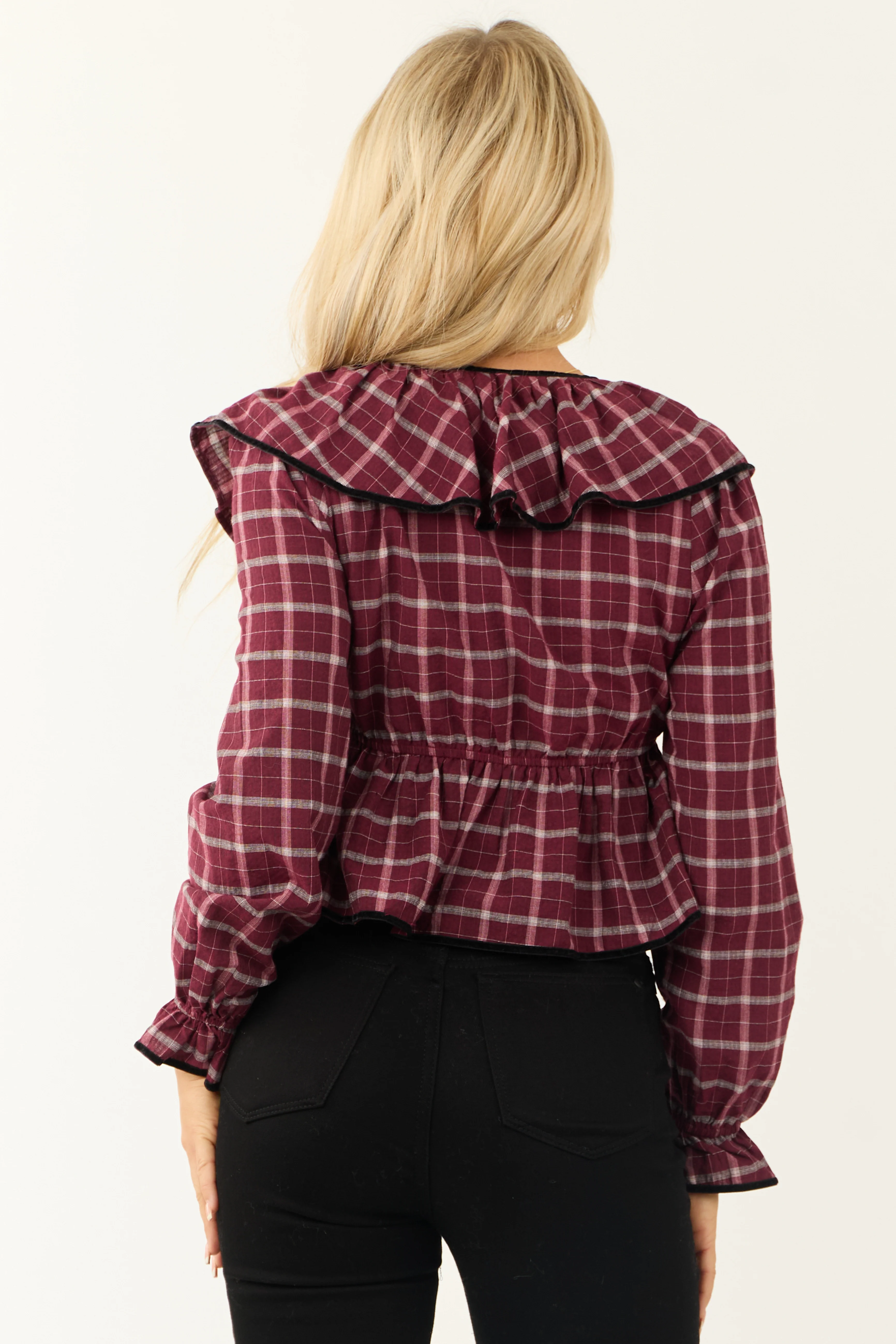 Wine Plaid V Neck Velvet Trim Long Sleeve Top - Image 5