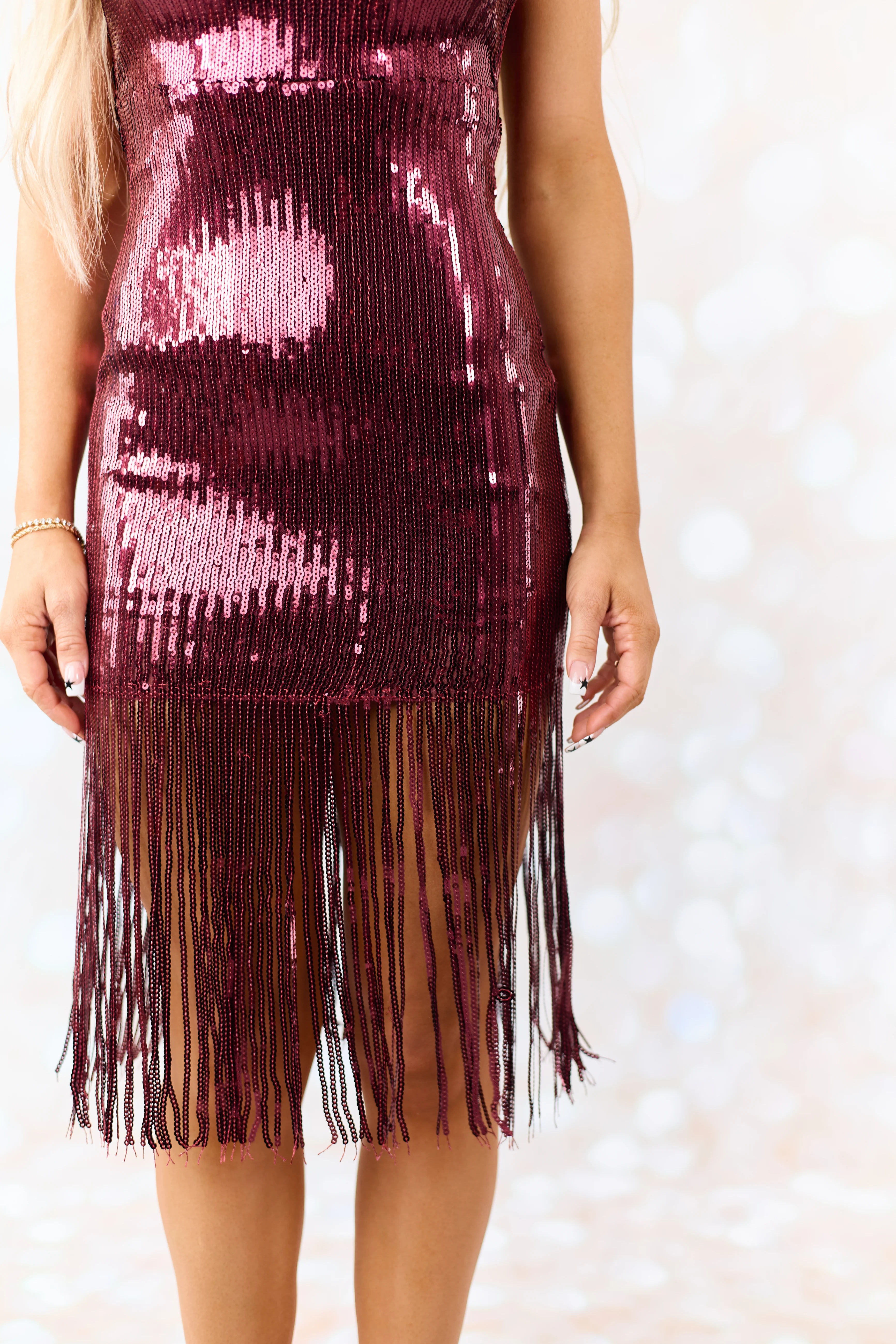 Wine Sequin Strapless Fringe Hem Mini Dress - Image 7