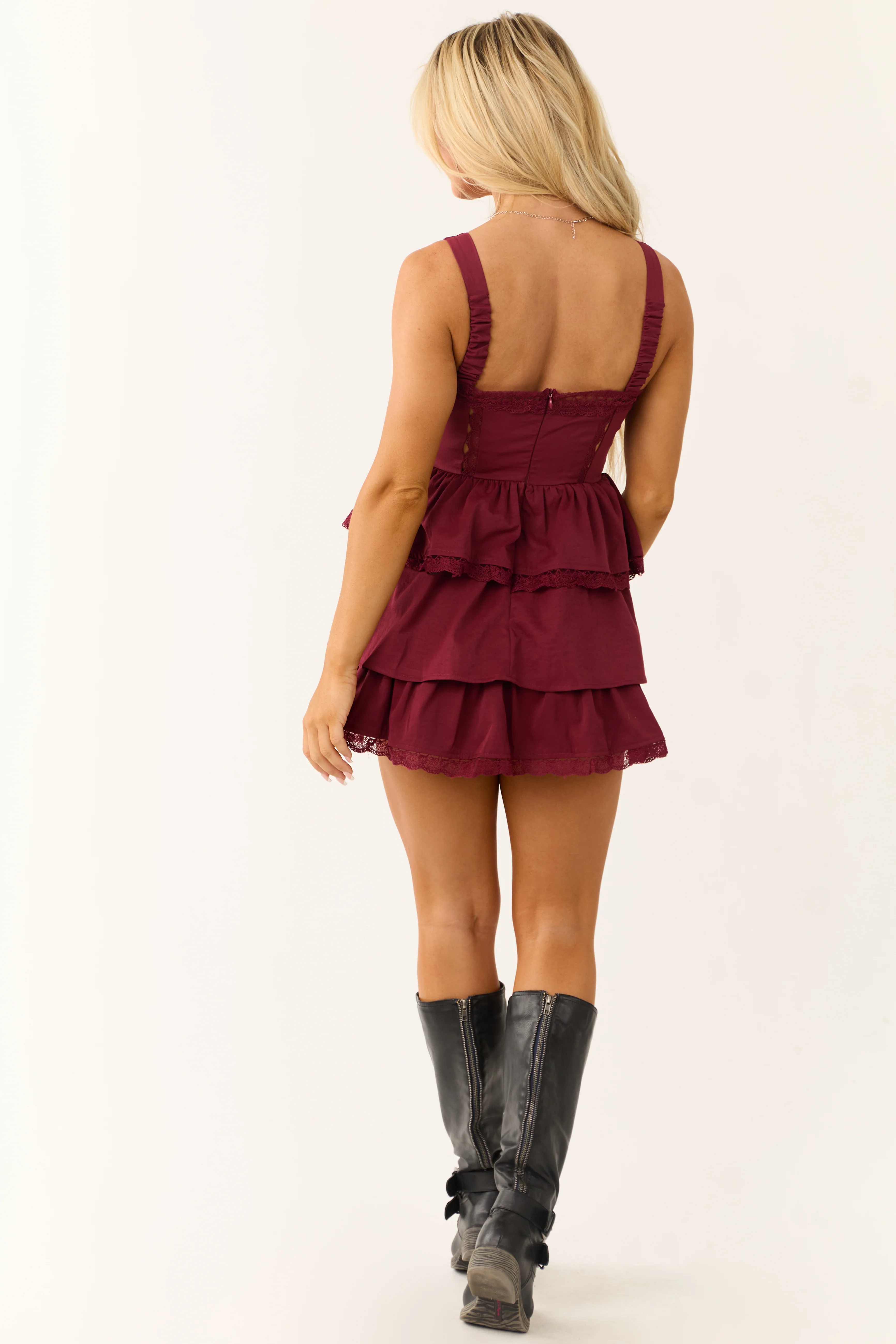 Wine Sleeveless Lace Trim Layered Mini Dress - Image 7